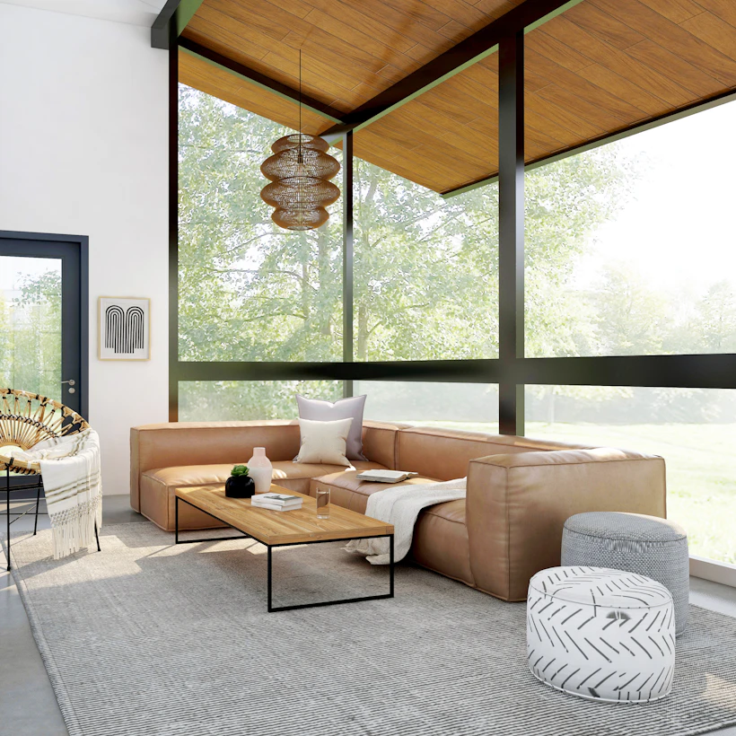 Anahtar teslim çelik villada geniş camlı modern salon